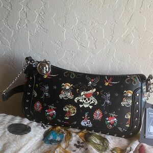 Ed Hardy Black Multicolor Tattoo Shoulder Bag